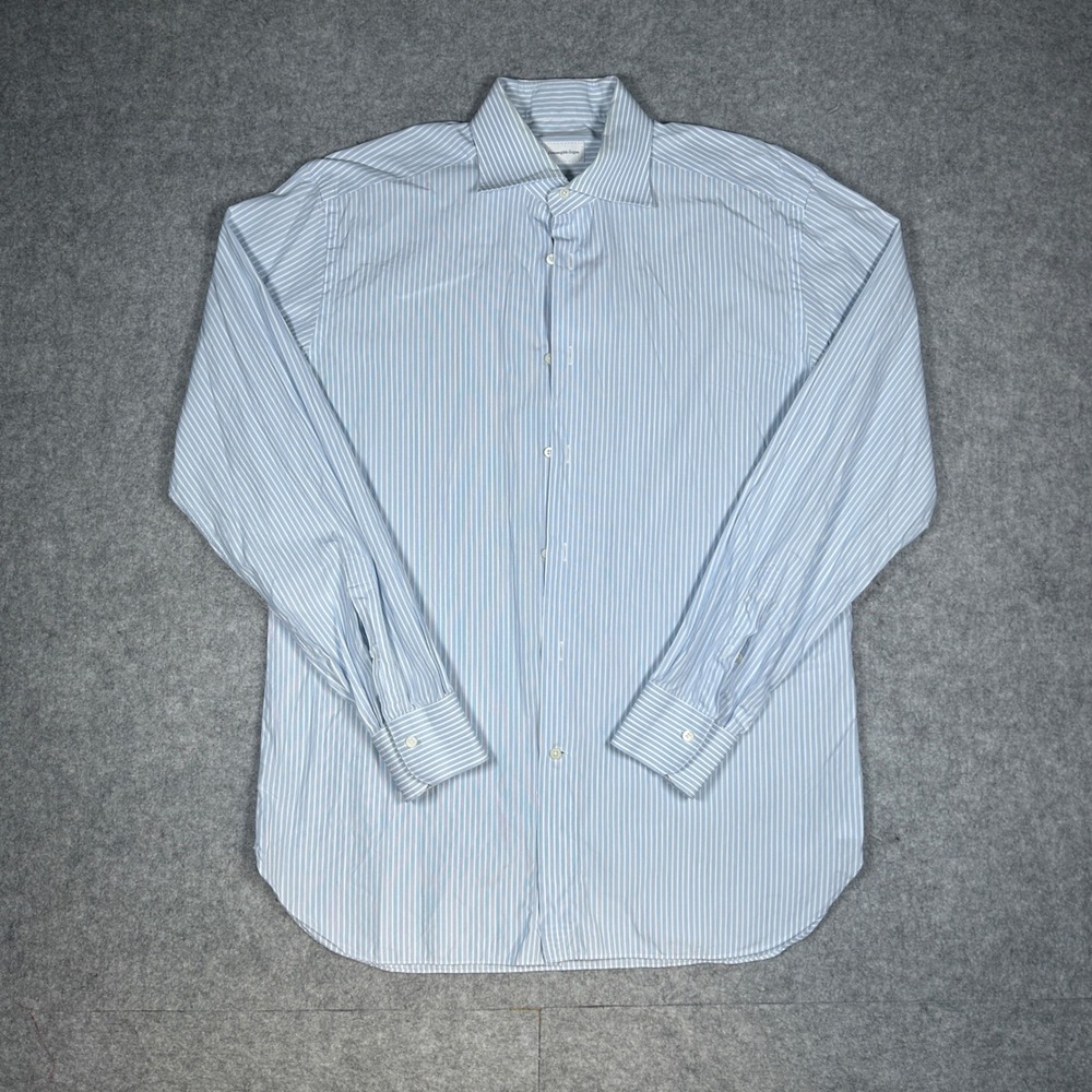 Ermenegildo Zegna Dress Shirt Men 16 Large Blue White Striped Luxury button down